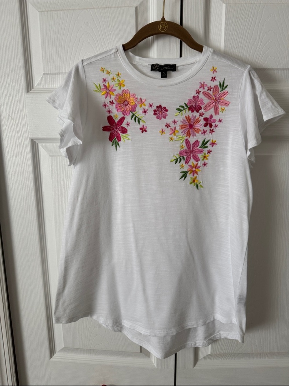 DG2 by Diane Gilman White Short Sleeve Top with Pink & Yellow Floral Embroidery